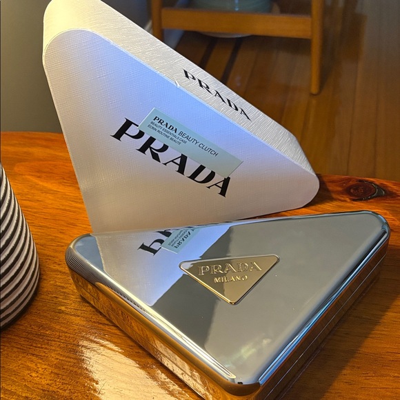 NEW Prada Beauty Metallic Silver Triangle Case Clutch - Picture 6 of 6